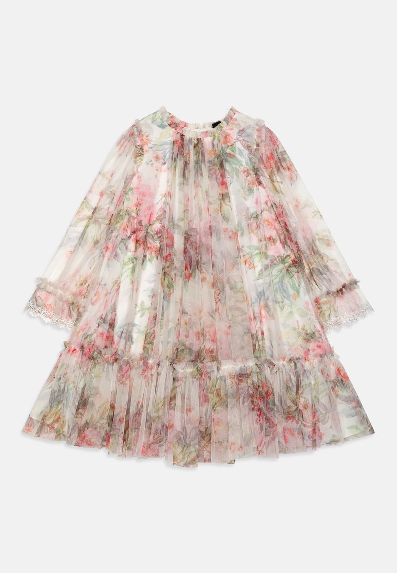 Robe transparente à imprimé floral avec des manches longues, un design plissé, un ourlet à volants et une finition en dentelle. Couleurs principalement rose et verte avec une texture délicate.