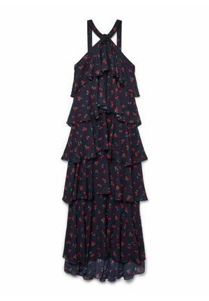 Floral maxi dress featuring a navy background with red cherry patterns, layered ruffles, and thin straps with a decorative knot detail.