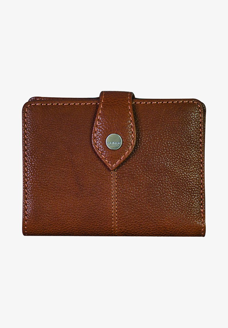 Portefeuille en cuir marron avec une finition texturée, doté d'une fermeture à pression, de coutures contrastantes et d'un discret logo sur le devant.