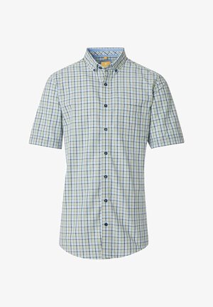 Korte mouw knoopsluiting overhemd in een lichtgroen en blauw geruit patroon, voorzien van een borstzak en blauwe knopen. Gemaakt van lichte stof.