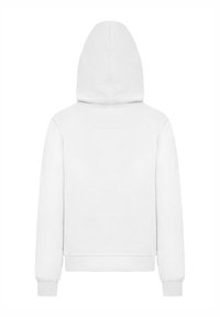 White hoodie with a drawstring hood, long sleeves, and ribbed cuffs. Smooth texture with a plain design and no visible logos or patterns.