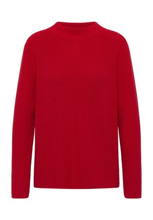 Czerwony sweter robiony na drutach, z długimi rękawami, wysokim dekoltem, prążkowaną fakturą i luźnym krojem. Brak wzorów lub ozdób.