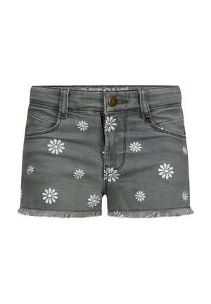 Graue Jeansshorts mit weißer Blumenbestickung, fransigem Saum und klassischem Fünf-Taschen-Design, ausgestattet mit einem Metallknopfverschluss und Reißverschluss.