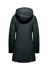 Zwarte, capuchonjas met lange mouwen, naadloos ontwerp en een rechte snit. Beschikt over een gladde textuur en minimalistische stijl, geschikt voor diverse gelegenheden.