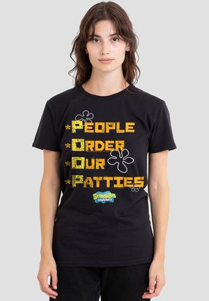 Black cotton t-shirt featuring bold yellow text "PEOPLE ORDER OUR PATTIES" with splatter patterns and a blue "SpongeBob SquarePants" logo.