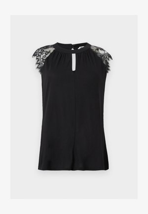 Bluza neagră fără mâneci, cu mâneci scurte din dantelă, gât rotund cu decupaj tip cheie și închidere cu nasture la spate.