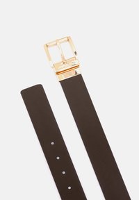 Brown leather belt with a gold-tone metal buckle. The buckle features a rectangular shape and four adjustment holes along the strap.