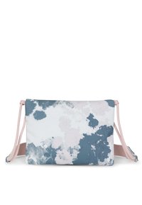 Borsa in canvas multicolore con un design astratto ad acquerello in tonalità di blu, rosa e bianco. Tracolla regolabile rosa per una maggiore versatilità.