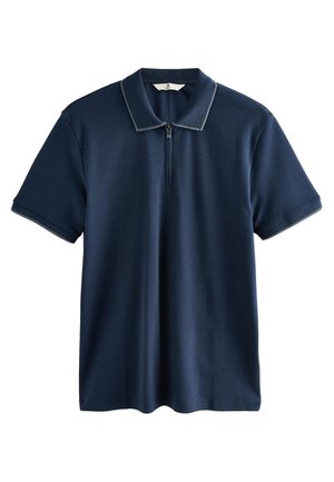 Tmavomodré polokošeľa s krátkym rukávom, so zipsom vpredu a sivým lemovaním na golieri a na okrajoch rukávov.