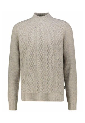 Light grey cable-knit sweater with a high neck, textured pattern, ribbed cuffs and hem, made from a soft, warm material.