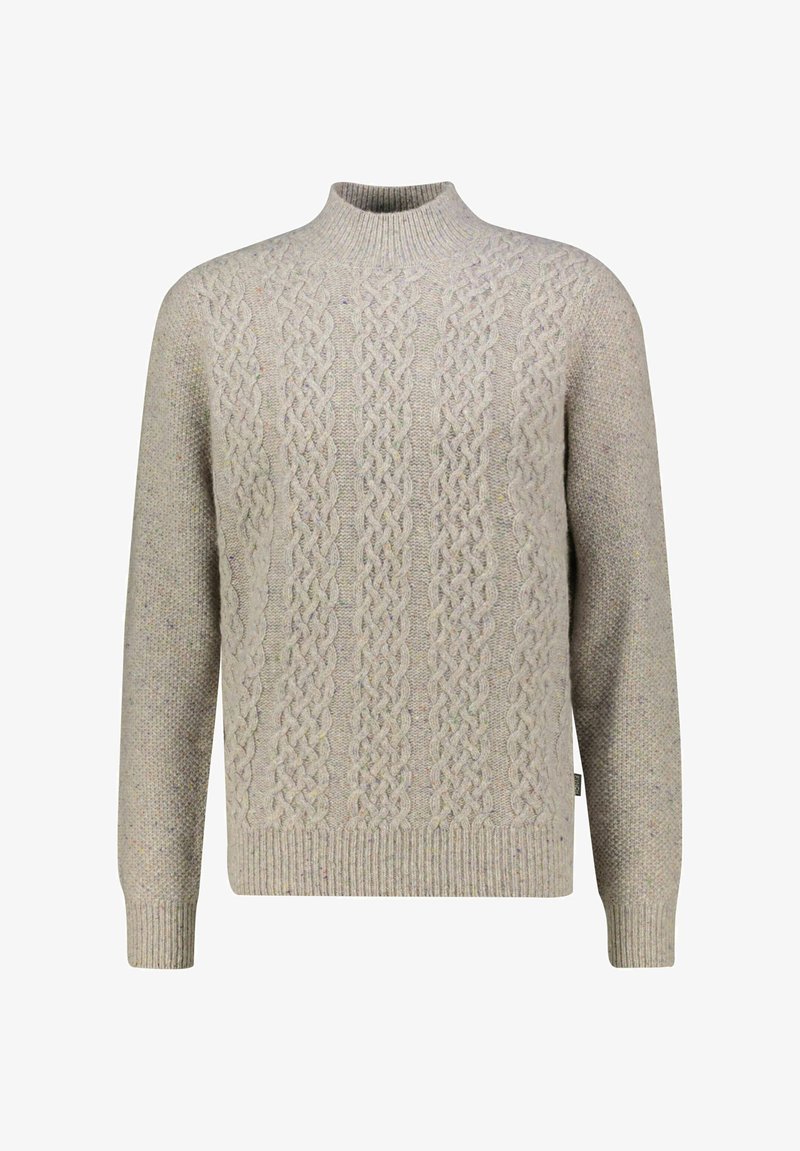 Hellgrauer Kabelstrickpullover mit hohem Kragen, strukturiertem Muster, gerippten Bündchen und Saum, aus einem weichen, warmen Material hergestellt.