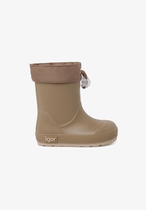 Botte de pluie en caoutchouc marron avec une semelle texturée, un poignet à cordon élastique et un détail de logo sur le côté. Matériau lisse avec une forme arrondie.