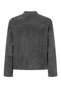 Giacca in suede grigia con colletto strutturato, maniche lunghe e una finitura liscia con dettagli di cucitura minimi.