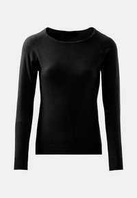 Maglione lungo nero a maniche lunghe con scollatura rotonda, polsini a coste e una superficie liscia, progettato con maniche raglan per un comfort ottimale.