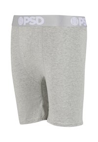 Boxer gris clair avec une large ceinture élastique arborant le logo blanc PSD et une texture chinée subtile.