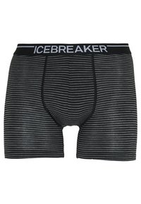 Svart og grå stripete herreboxershorts med svart elastisk midjebånd merket "ICEBREAKER." Myk tekstur og tettsittende design.
