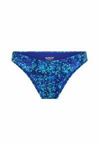 Blaue Schwimmbadunterteile mit einem strukturierten Muster in verschiedenen Blau- und Grüntönen, mit einem tiefen Schnitt und einer glatten Oberfläche.