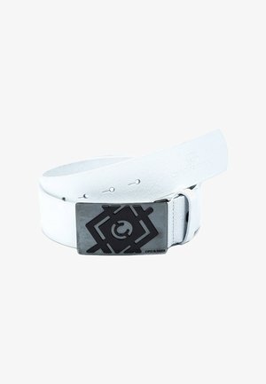 White leather belt with a textured black metal buckle featuring geometric designs. The buckle displays a logo and has a smooth finish.