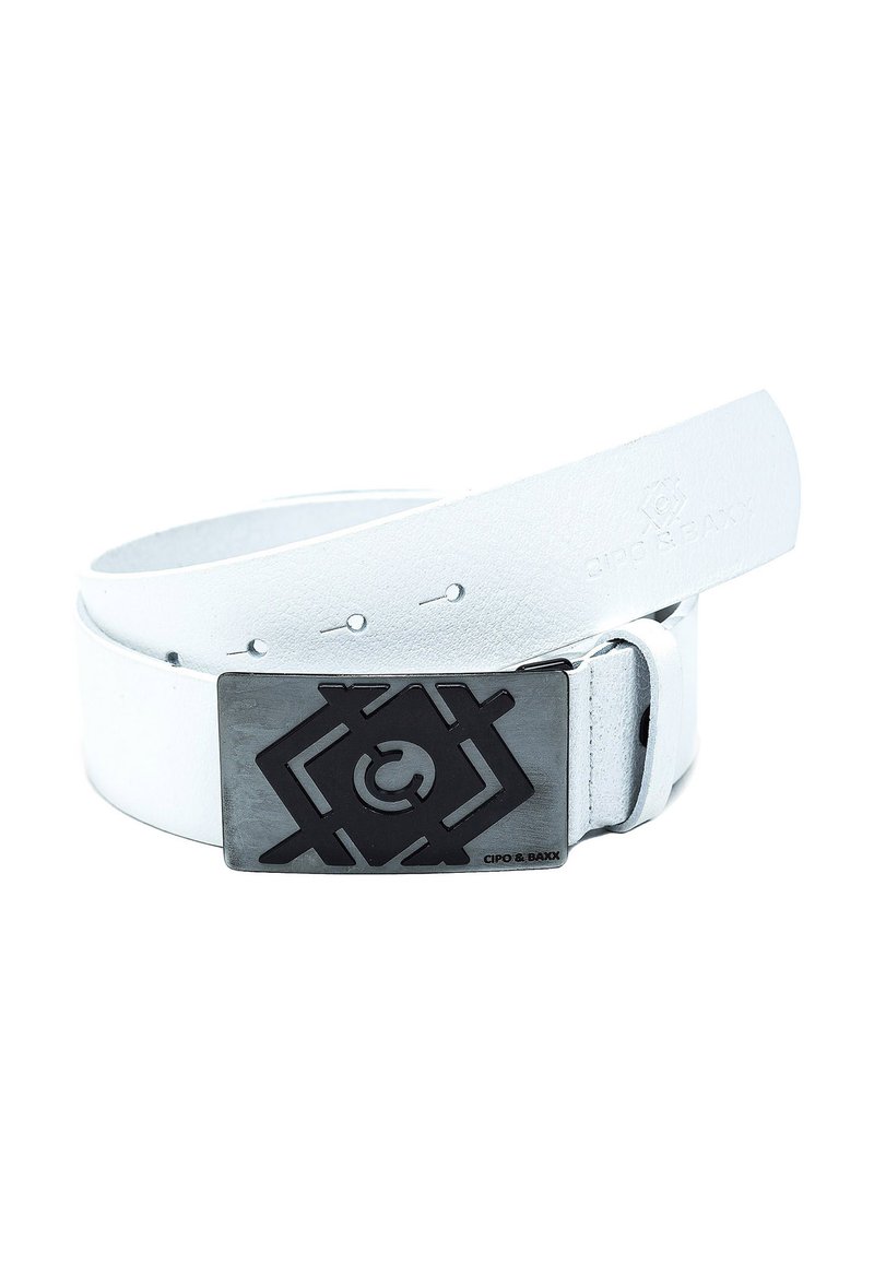 White leather belt with a textured black metal buckle featuring geometric designs. The buckle displays a logo and has a smooth finish.