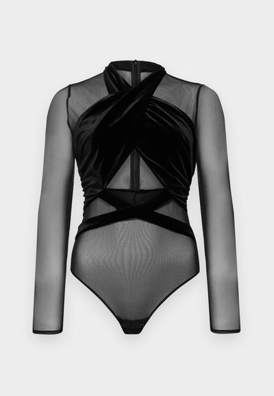 Black bodysuit featuring long mesh sleeves, a twisted velvet front, and a form-fitting cut with snap closures at the bottom.