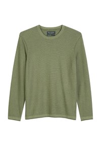 Zielonooliwkowy sweter z długim rękawem, wykonany z miękkiego materiału dzianinowego, z okrągłym dekoltem i ribbowymi mankietami, charakteryzujący się subtelną teksturą i czystym designem.