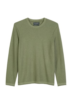 Pull à manches longues vert olive en tricot doux, avec un col rond et des poignets côtelés, présentant une texture subtile et un design épuré.
