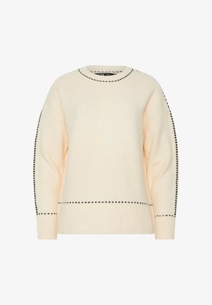 Kremfarvet strikket sweater med sorte stingdetaljer på halsudskæringen, ærmer og kant, med ribbet rund hals og manchetter.