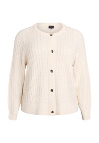 Kreemikas kaabliku stiilis kampsun pika varrukaga, ümara kaelusega ja kuue tumeda nööbiga esiküljel.