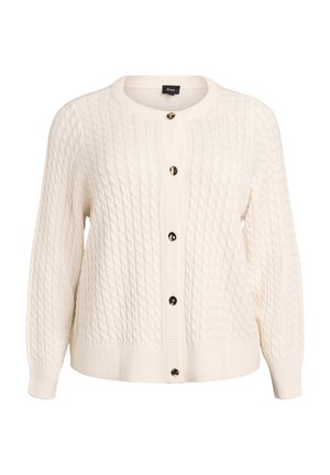 Crèmekleurige kabelgebreide cardigan met lange mouwen, ronde hals en zes donkere knopen aan de voorkant.