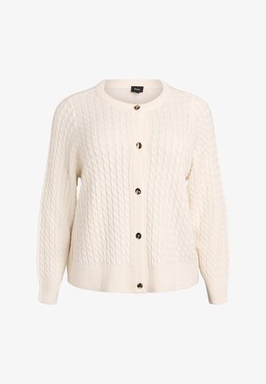 Kremfarvet kabelstrikket cardigan med lange ærmer, rund hals og seks mørke knapper foran.