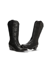Botas de vaquero de cuero negro con punta afilada, altura a medio gemelo, costuras decorativas y un tacón bajo apilado. Presentan lengüetas de tiro a los lados.
