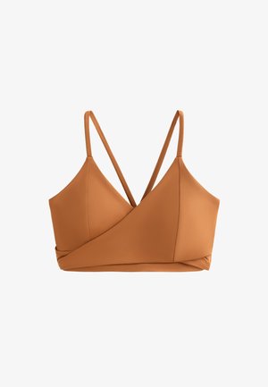 Barna bralette sima anyagból, keresztezett elülső dizájnnal, állítható vékony pántokkal és letisztult, minimalista formával.