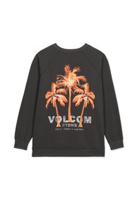 Donkergrijze sweatshirt met ronde hals en lange raglanmouwen, voorzien van een oranje palmboomafdruk en de tekst "VOLCOM STONE" op de achterkant.