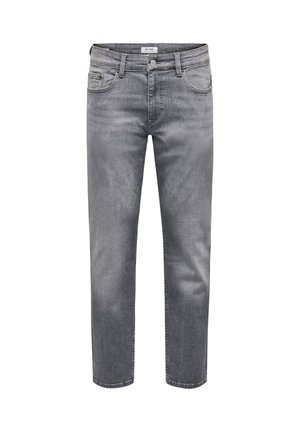 Grå denim jeans med rett snitt, med knappelukking, beltehemper og fram- lommer. Stoffet har en myk tekstur med en subtil vaskeeffekt.