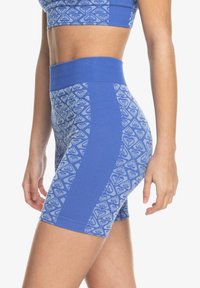 Los pantalones cortos deportivos de patrón azul presentan una cintura alta y diseños geométricos en un azul más claro. La tela parece elástica y texturizada.