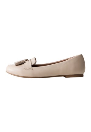 Light beige flat shoes with a smooth leather finish, rounded toe, and a decorative bow detail on the front. Low, flat sole.