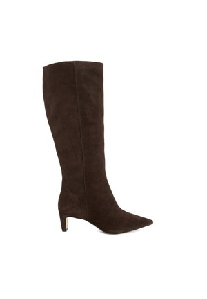 Dark brown suede knee-high boot with pointed toe and low slim heel, shown from right side on white background.