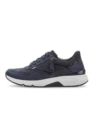 Navy leather sneakers with a textured finish, lace-up design, and a side zip. Features a cushioned white midsole and textured black outsole.