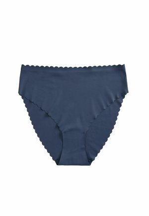 Donkerblauwe damesonderbroek van soepel stof, met gegolfde randen en een naadloos ontwerp voor comfort en een nette uitstraling.