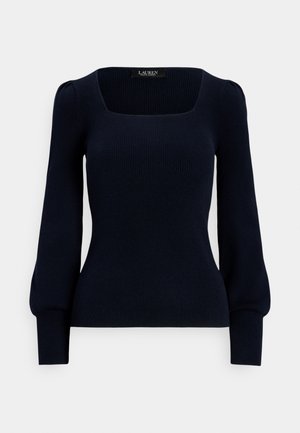 Granatowy prążkowany sweter dziany z kwadratowym dekoltem oraz długimi, bufkami z dopasowanymi mankietami. Wykonany z elastycznego materiału dla zapewnienia wygody.