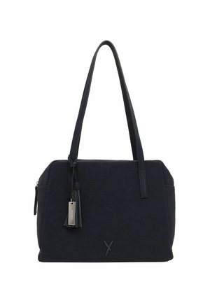 Sac à bandoulière rectangulaire noir avec deux fines bretelles, un pompon et un détail d’étiquette en métal, avec un logo embossé discret au centre avant.