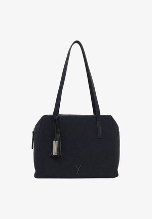 Sac à bandoulière rectangulaire noir avec deux fines bretelles, un pompon et un détail d’étiquette en métal, avec un logo embossé discret au centre avant.