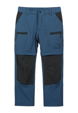 Pantalones outdoor azules con acentos negros, que cuentan con dos bolsillos delanteros, un bolsillo con cremallera en el muslo derecho y áreas reforzadas en las rodillas.