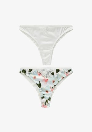 Culotte en dentelle florale blanche et à motifs, avec une base blanche ornée d'accents floraux multicolores sur une pièce, texture lisse, bords délicats.