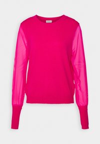 Pull rose vif à manches longues avec manches transparentes et translucides, poignets et ourlet côtelés et unis.