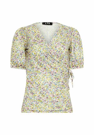 Kwiatowa bluzka z krótkimi bufkami, dekoltem w kształcie litery V i wiązaniem w talii. Tkanina w pastelowych kolorach z rozproszonym nadrukiem kwiatowym.