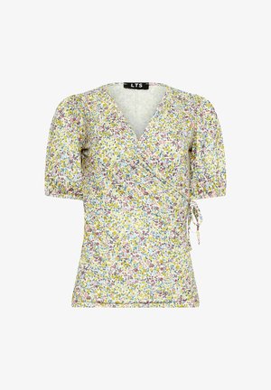 Top floral con manga corta abullonada, escote en V y detalle de lazo en la cintura. Tejido en colores pastel con un estampado floral disperso.