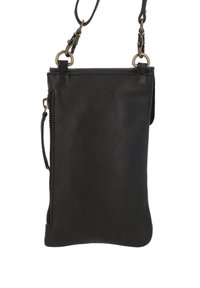 Schwarze Leder-Crossbody-Tasche mit einem Reißverschlussfach, glatter Textur und verstellbarem Riemen mit metallischen Hardware-Akzenten.
