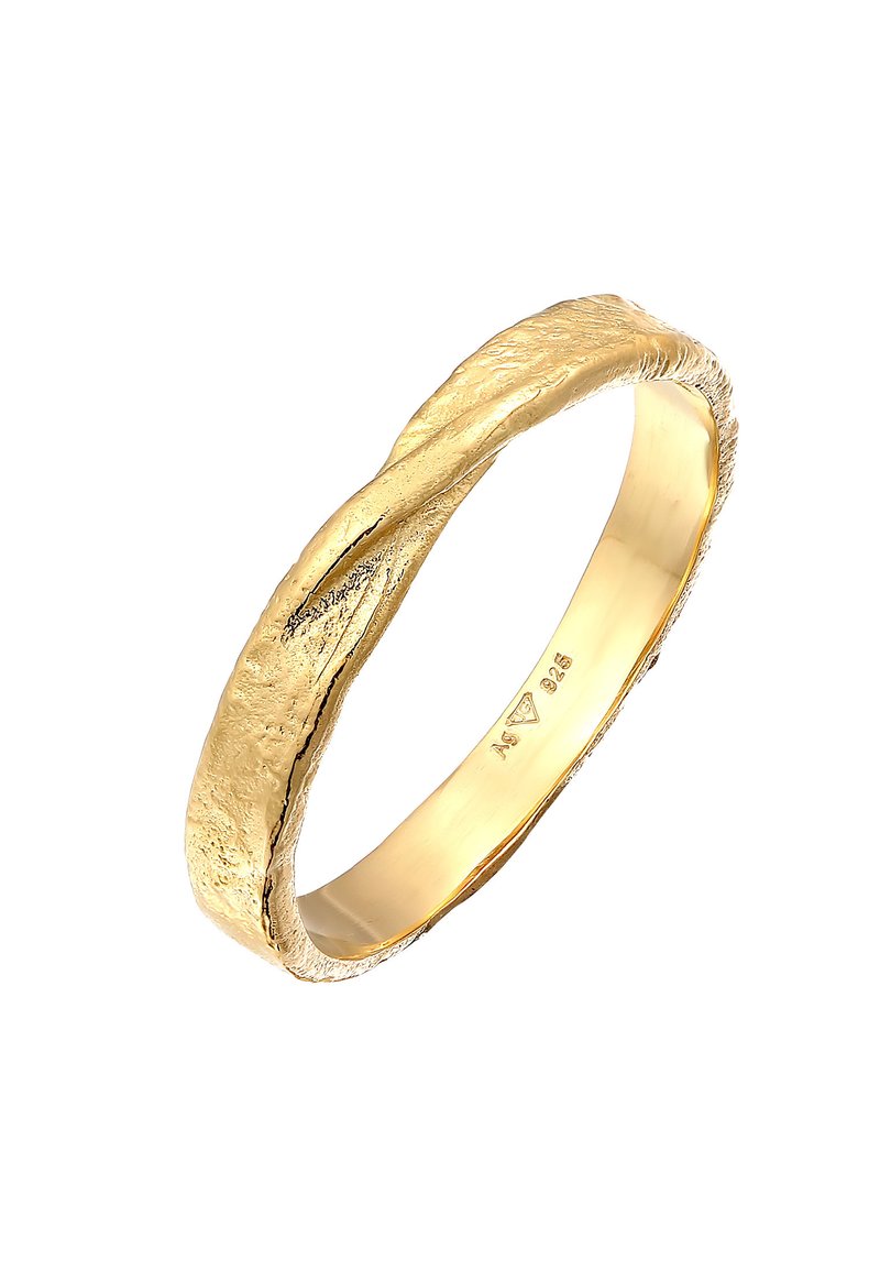 Gold ring with a textured, wavy design. The band is smooth inside and features a matte finish with subtle shine along the edges.
