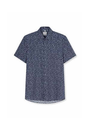 Chemise bleu marine à manches courtes avec boutons, petit motif floral blanc et col classique.